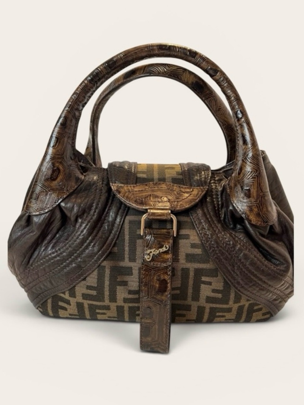 Authentic Fendi Spy Bag Zucca Canvas Brown Leather Vintage 2009 Italy w/ Card